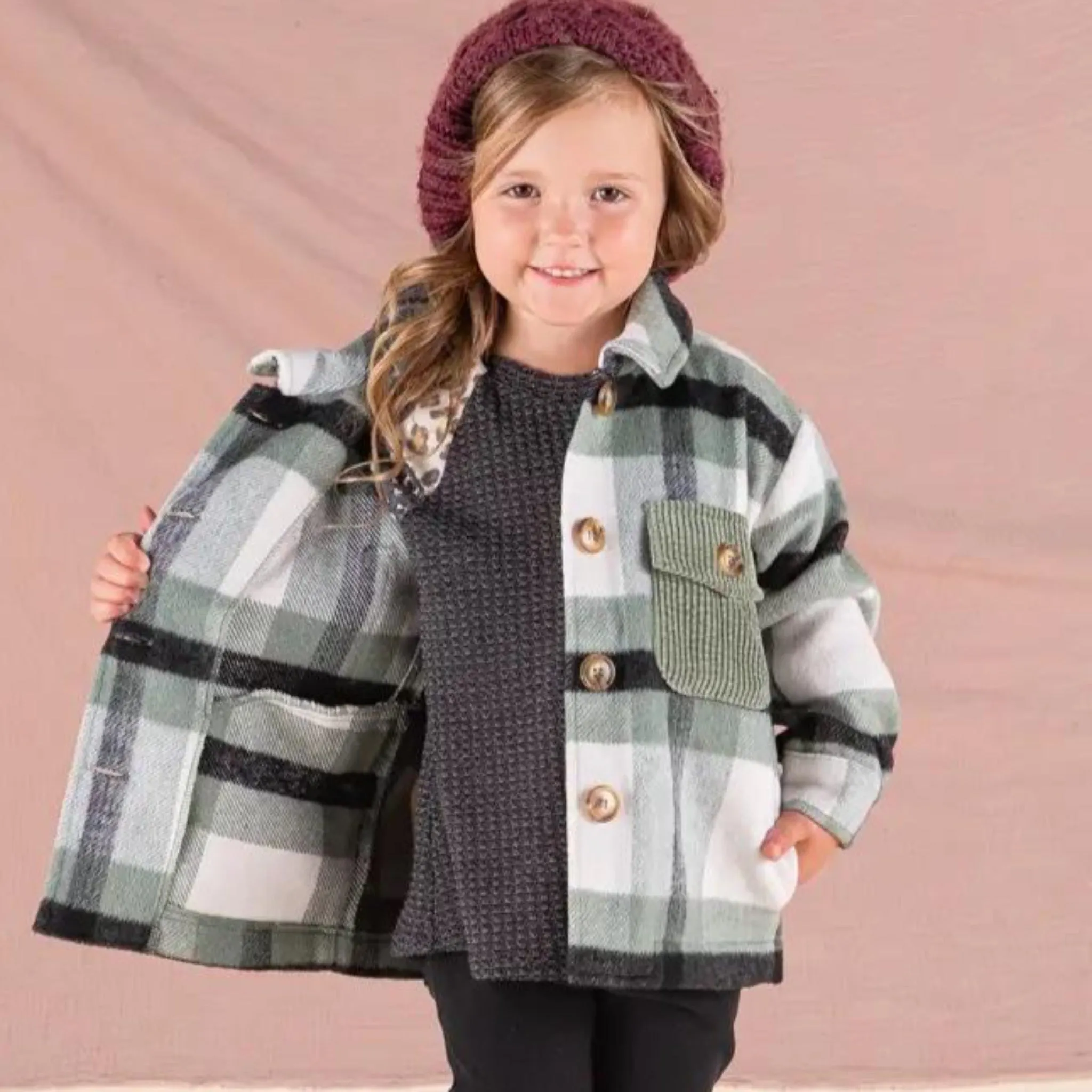 Kids Unisex Plaid Jacket shacket in Sage and Black