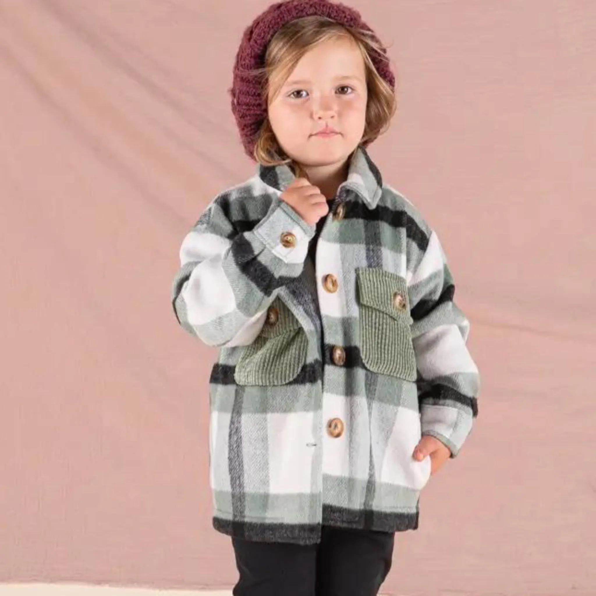 Kids Unisex Plaid Jacket shacket in Sage and Black