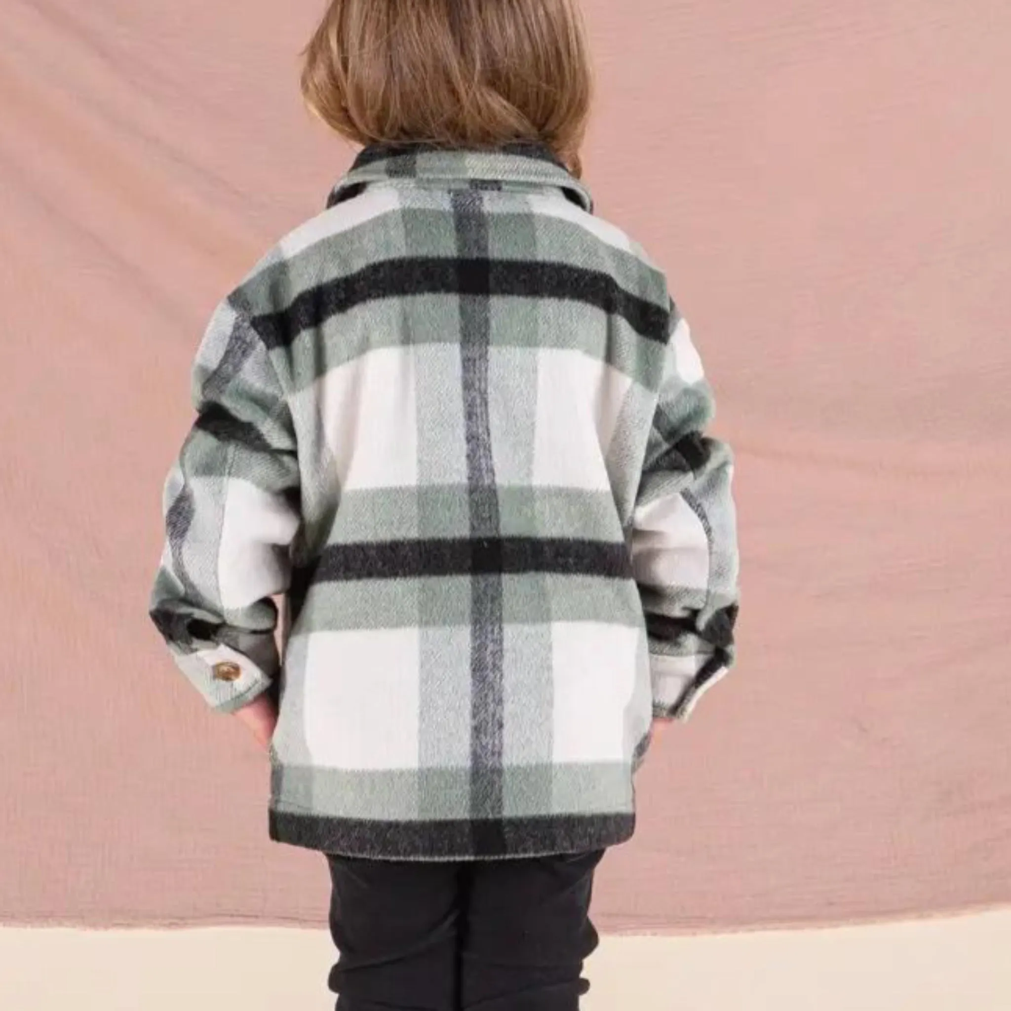 Kids Unisex Plaid Jacket shacket in Sage and Black