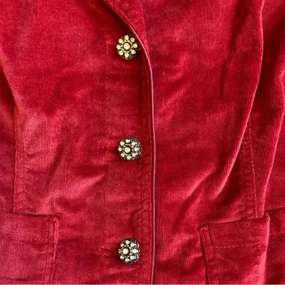 Kikit Jeans burgundy/ red jacket. Cute button detailing.