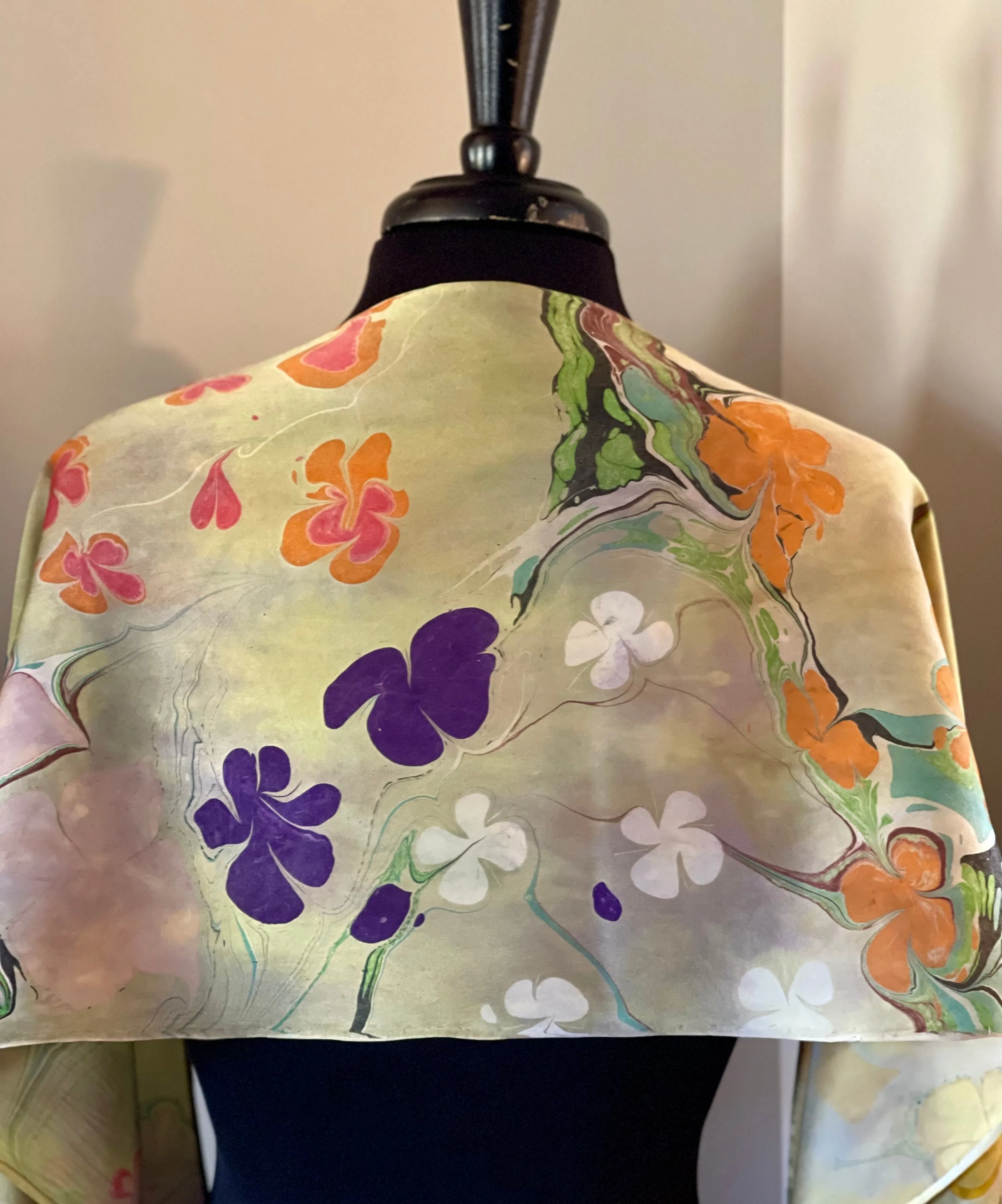 Klimt’s Flowers Multidyed Charmeuse Silk 72x14” bold fun. This beautiful silk makes a unique dresser cover and scarf