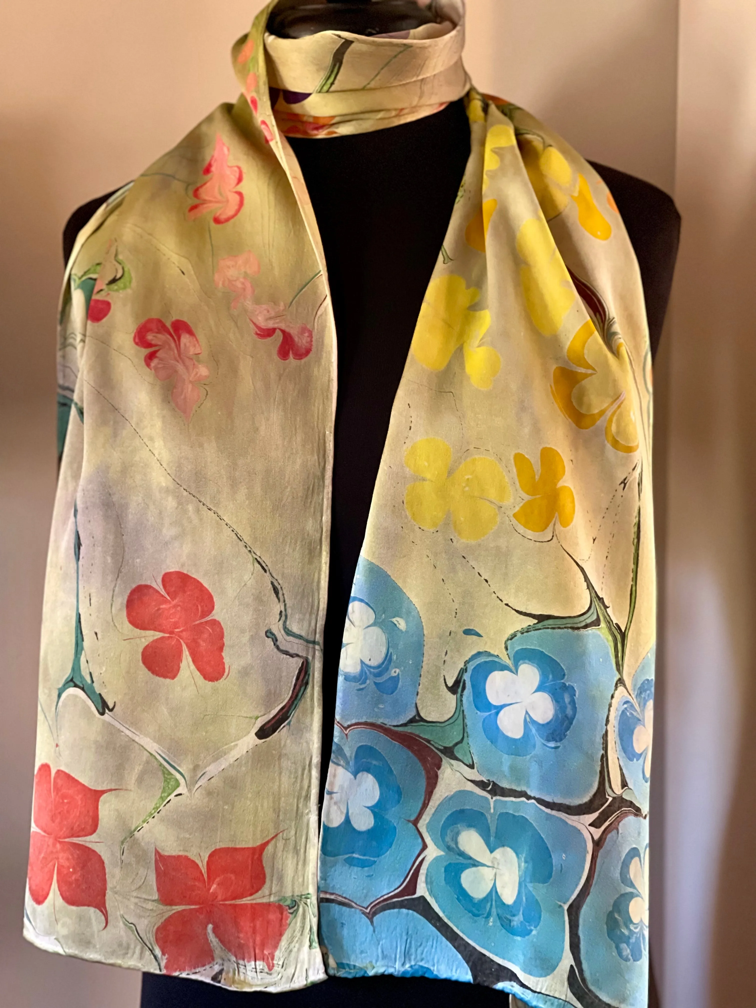 Klimt’s Flowers Multidyed Charmeuse Silk 72x14” bold fun. This beautiful silk makes a unique dresser cover and scarf