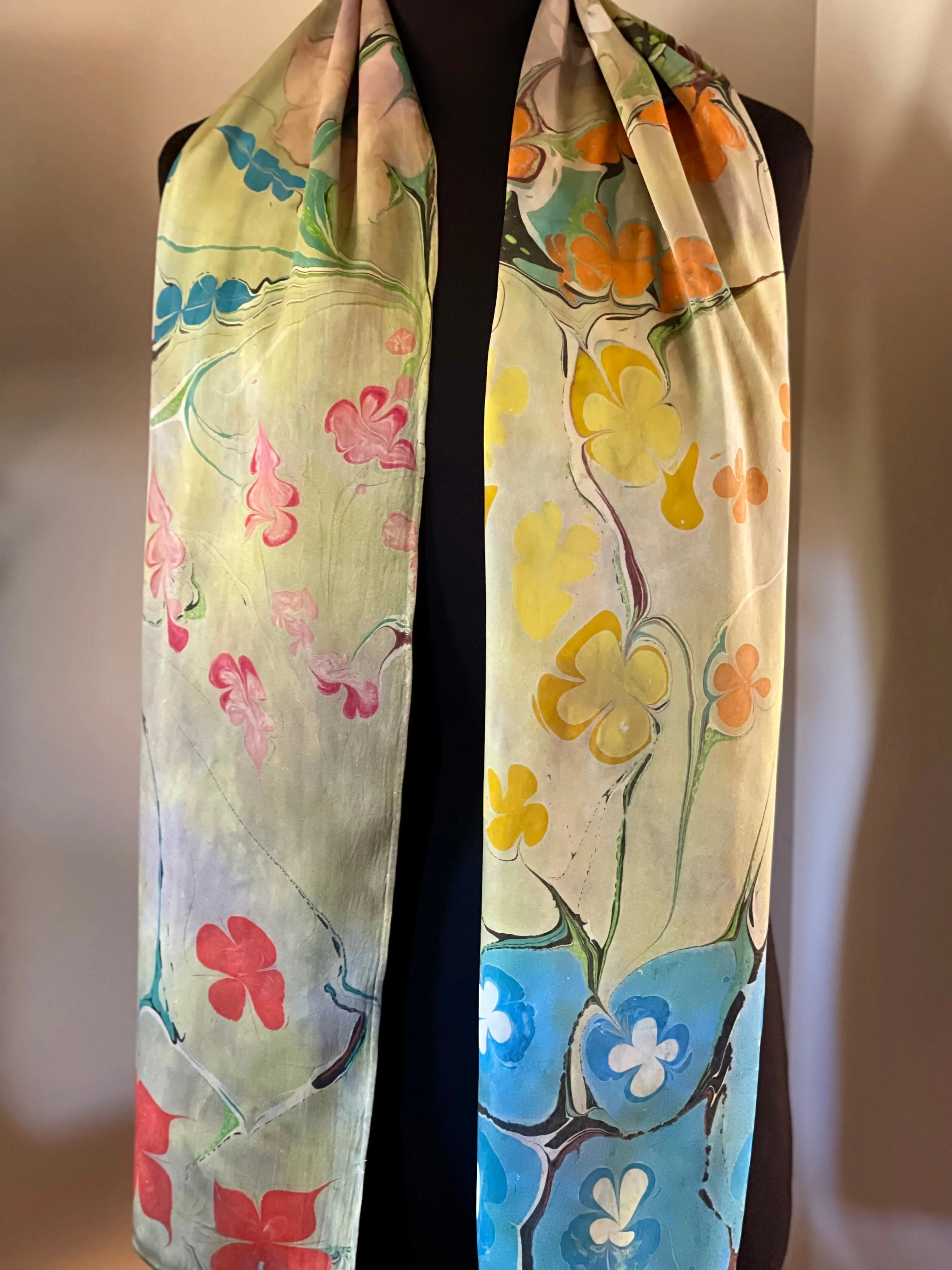 Klimt’s Flowers Multidyed Charmeuse Silk 72x14” bold fun. This beautiful silk makes a unique dresser cover and scarf