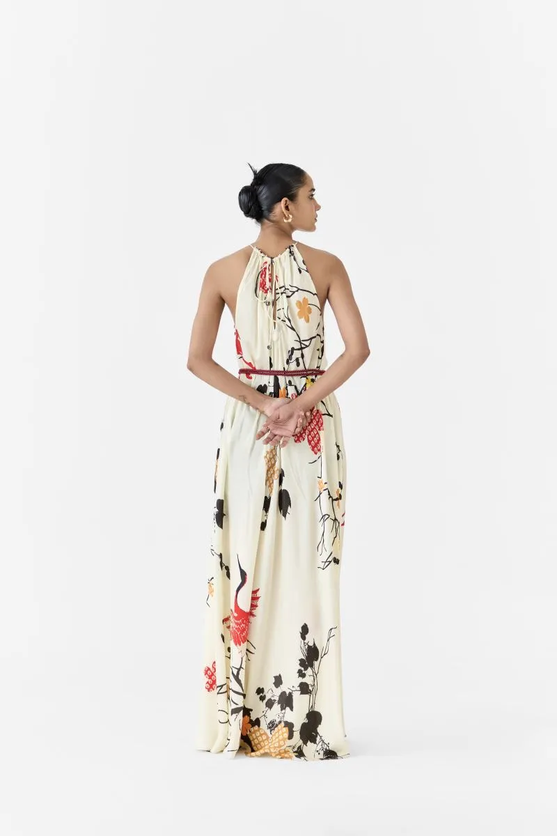 Kyoto red crane halter dress