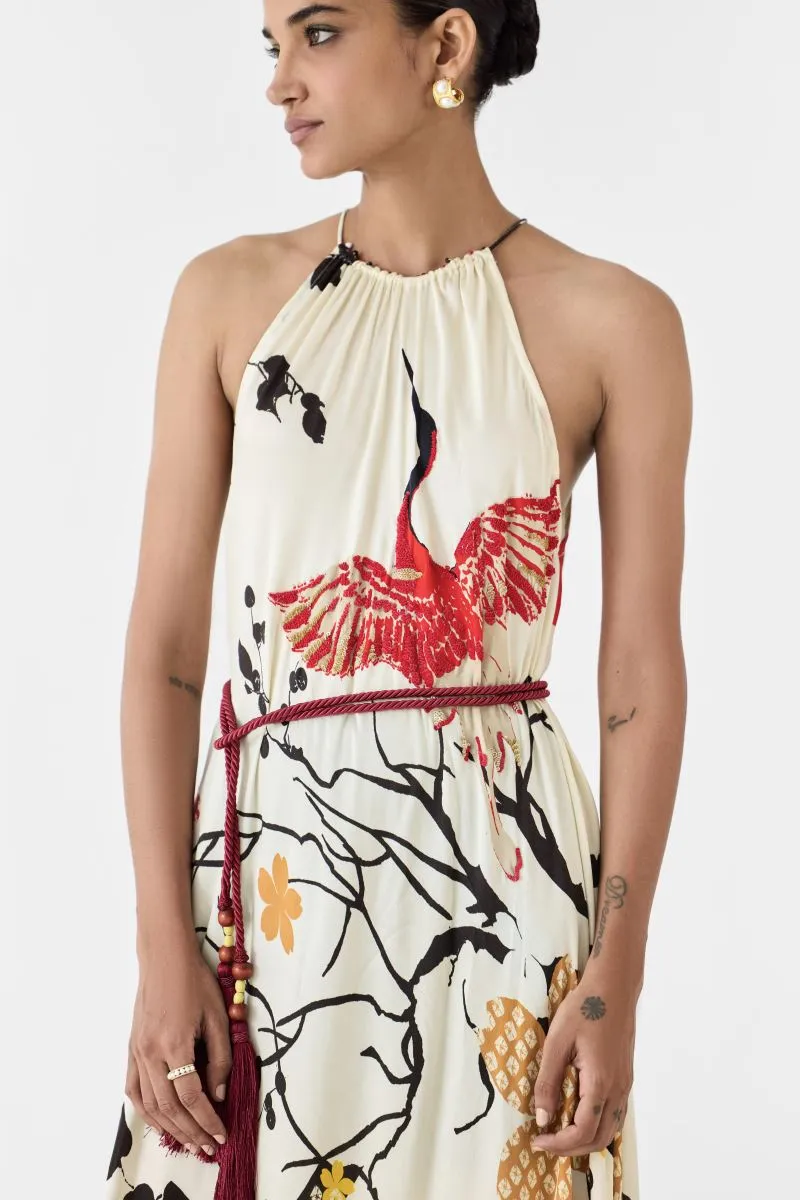 Kyoto red crane halter dress