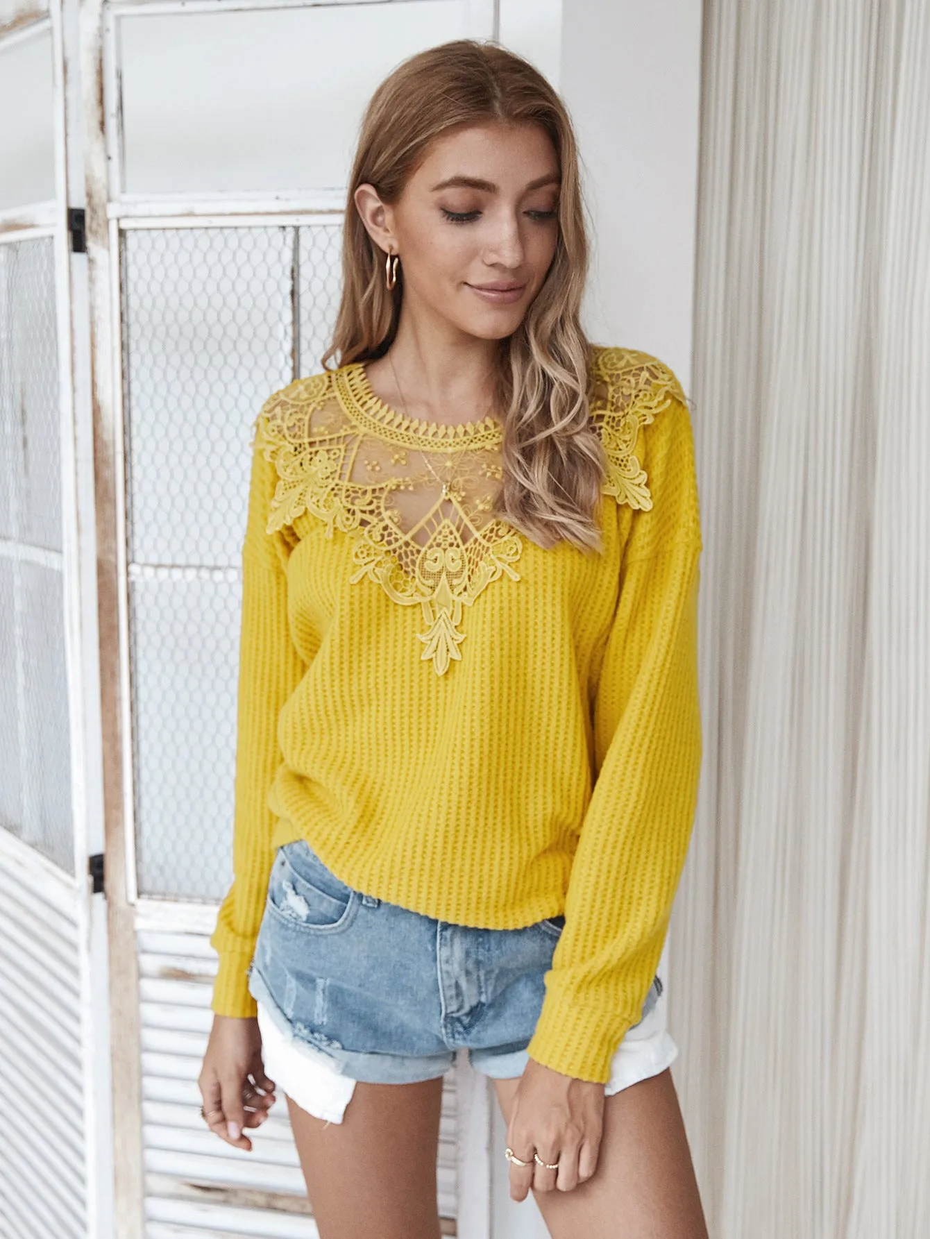 Lace Net Yarn Hollow Out Knit Sweater Tops