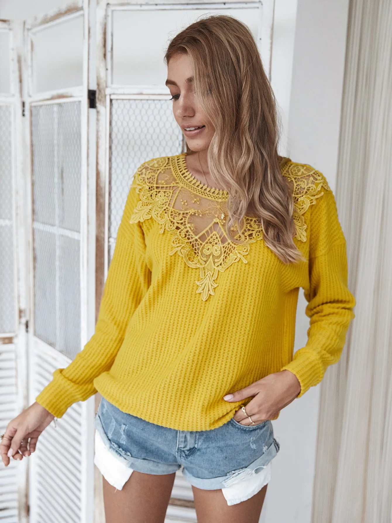Lace Net Yarn Hollow Out Knit Sweater Tops