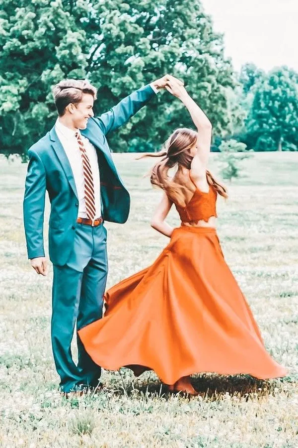 Lace Separate Orange Prom Dresses Two-pieces