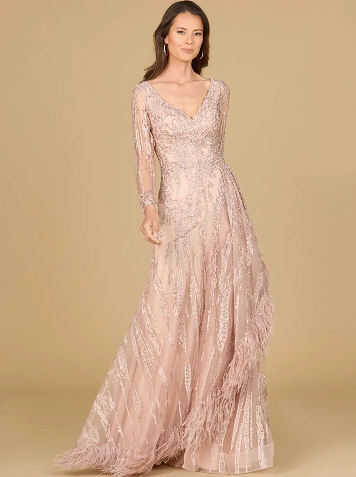 Lara Blush Long Sleeve V-Neck Lace Gown with Feathers 29133