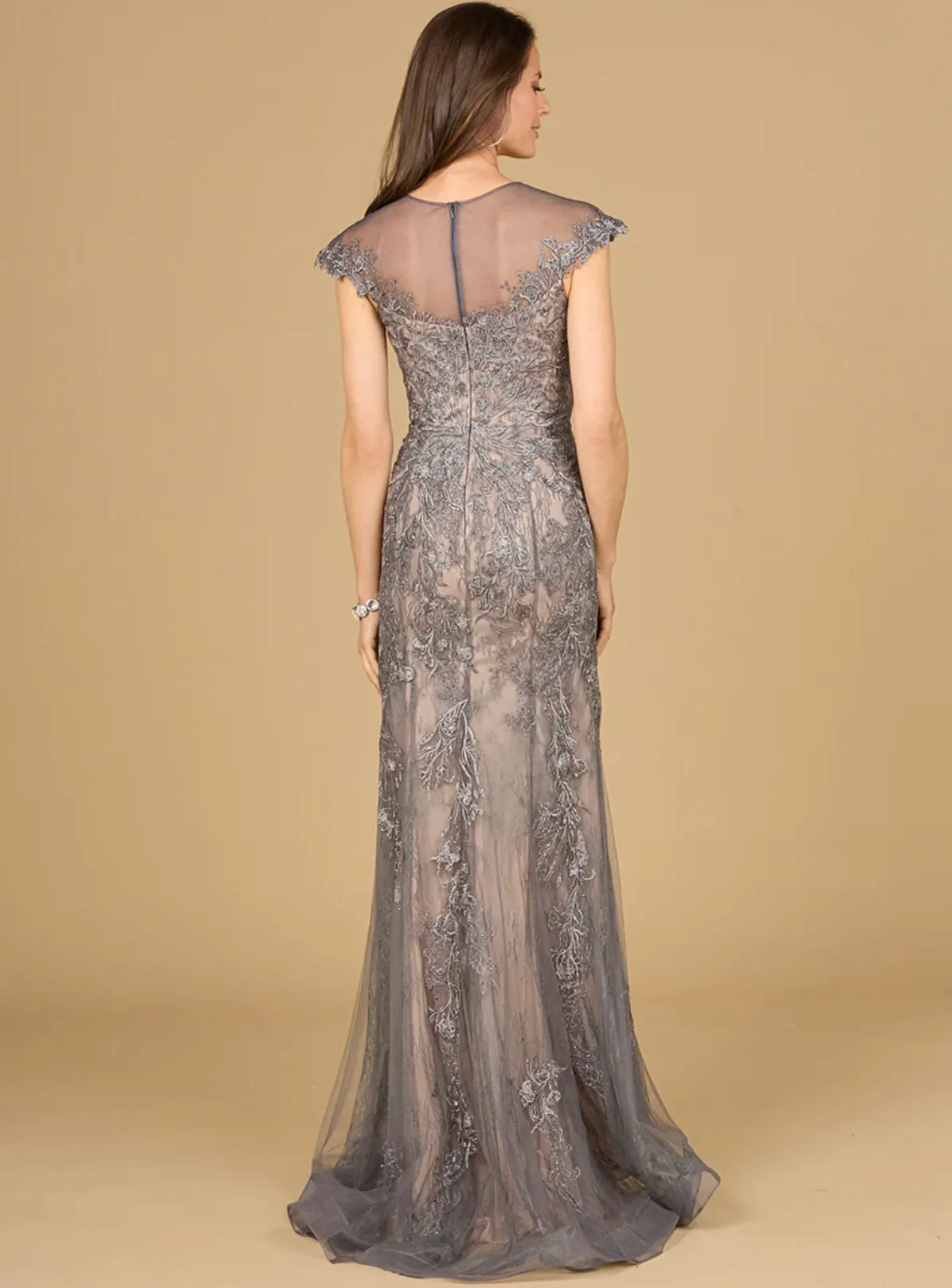Lara Charcoal Sheath Lace Cap Sleeves Gown 29134