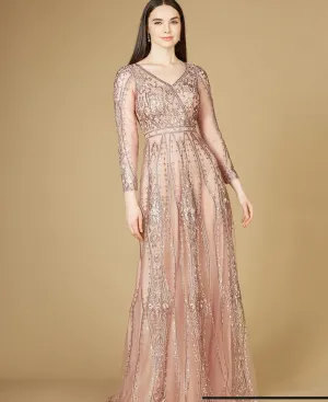 Lara Mauve long Illusion Sleeves A-Line Gown 29788