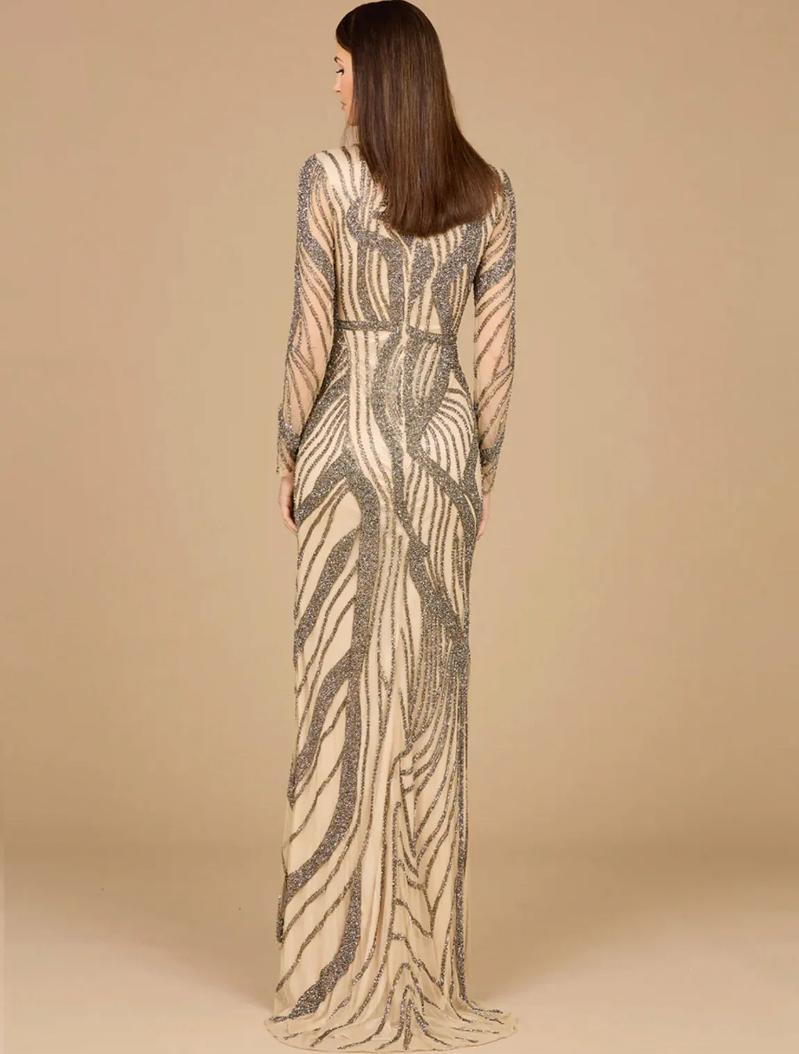 Lara Nude Cascading Beads Long Sleeve Dress 29165