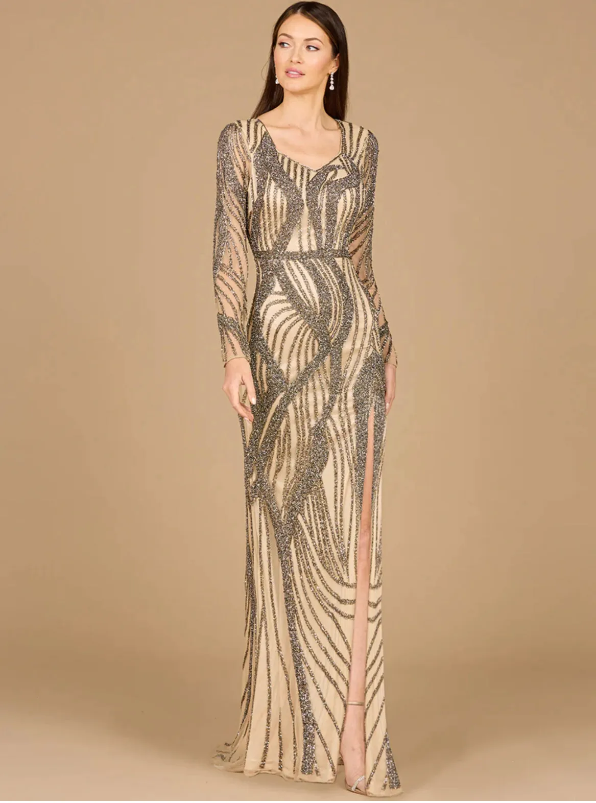 Lara Nude Cascading Beads Long Sleeve Dress 29165