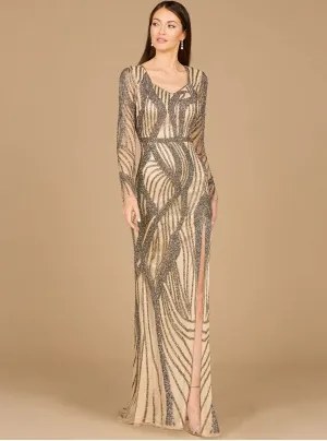 Lara Nude Cascading Beads Long Sleeve Dress 29165