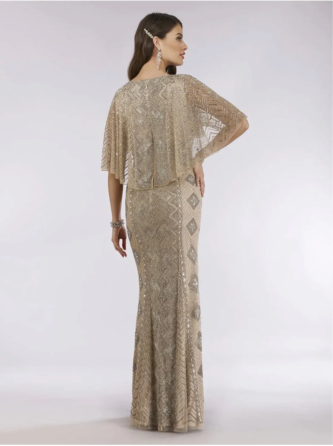 Lara Nude/Silver Cape Sleeve V-Neck Beaded Gown 29397