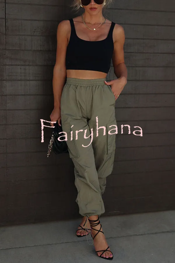 Let’s Rewind Nylon Elastic Waist Pocketed Cargo Pants