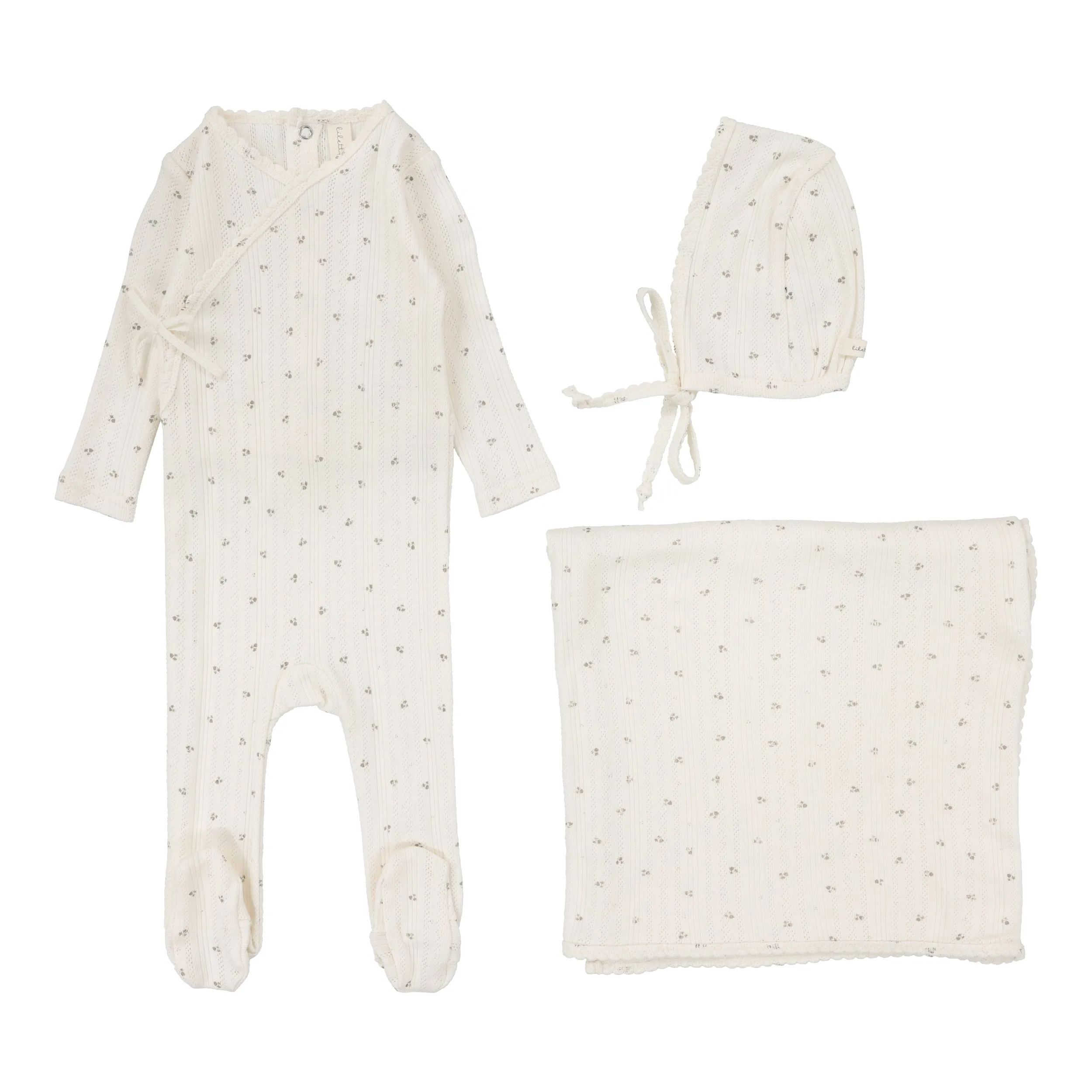 Lilette Printed Pointelle Wrap Layette Set - Milk/Taupe