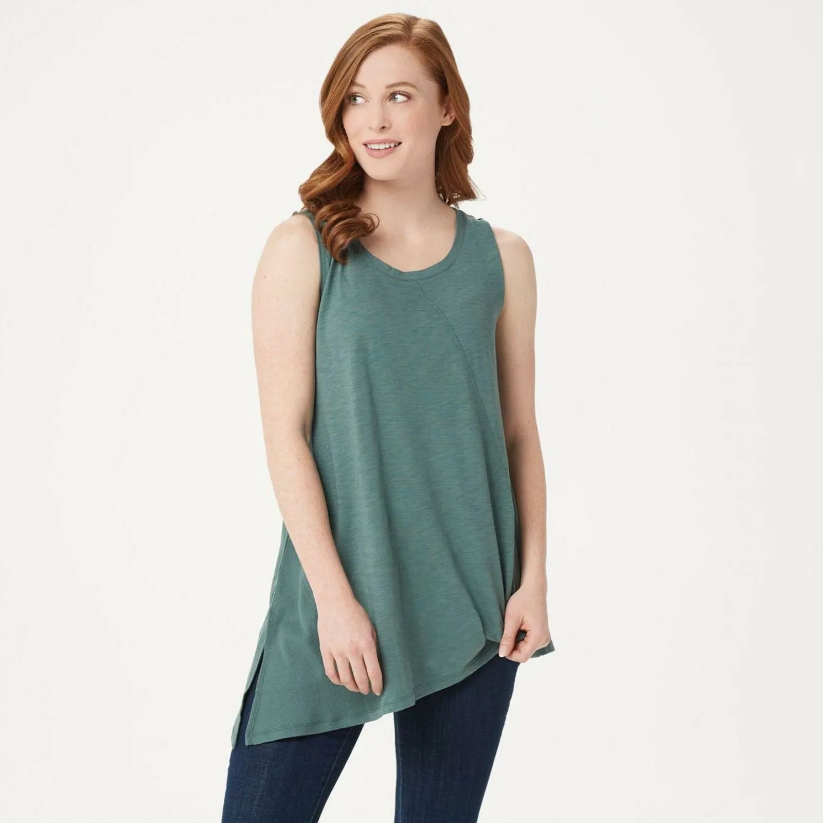 LOGO by Lori Goldstein Women's Cotton Modal Slub Tank Top with Rib Side Panel