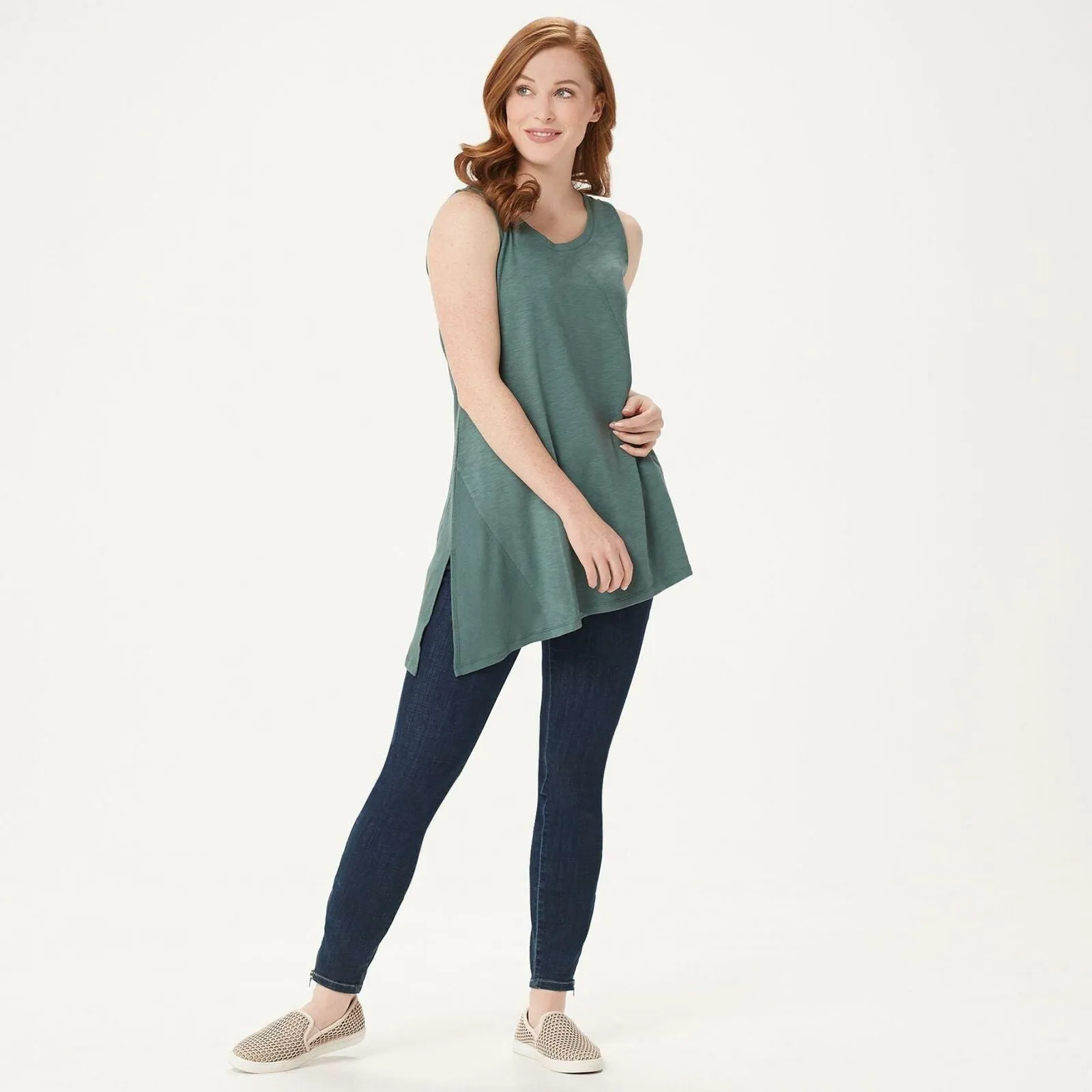 LOGO by Lori Goldstein Women's Cotton Modal Slub Tank Top with Rib Side Panel