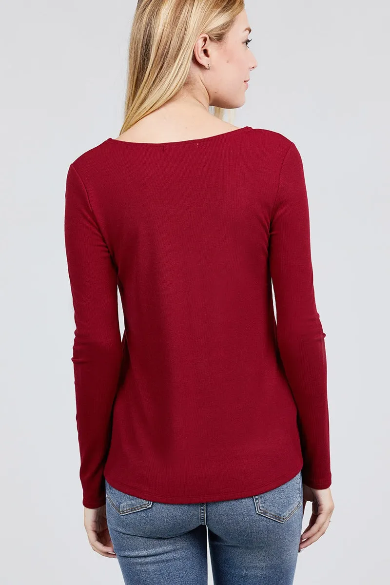 Long Sleeve Round Neck Button Detail Rib Knit Top