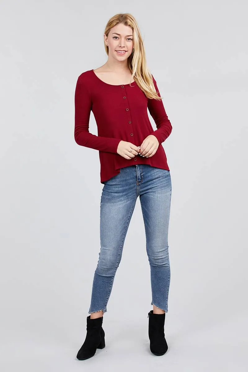Long Sleeve Round Neck Button Detail Rib Knit Top