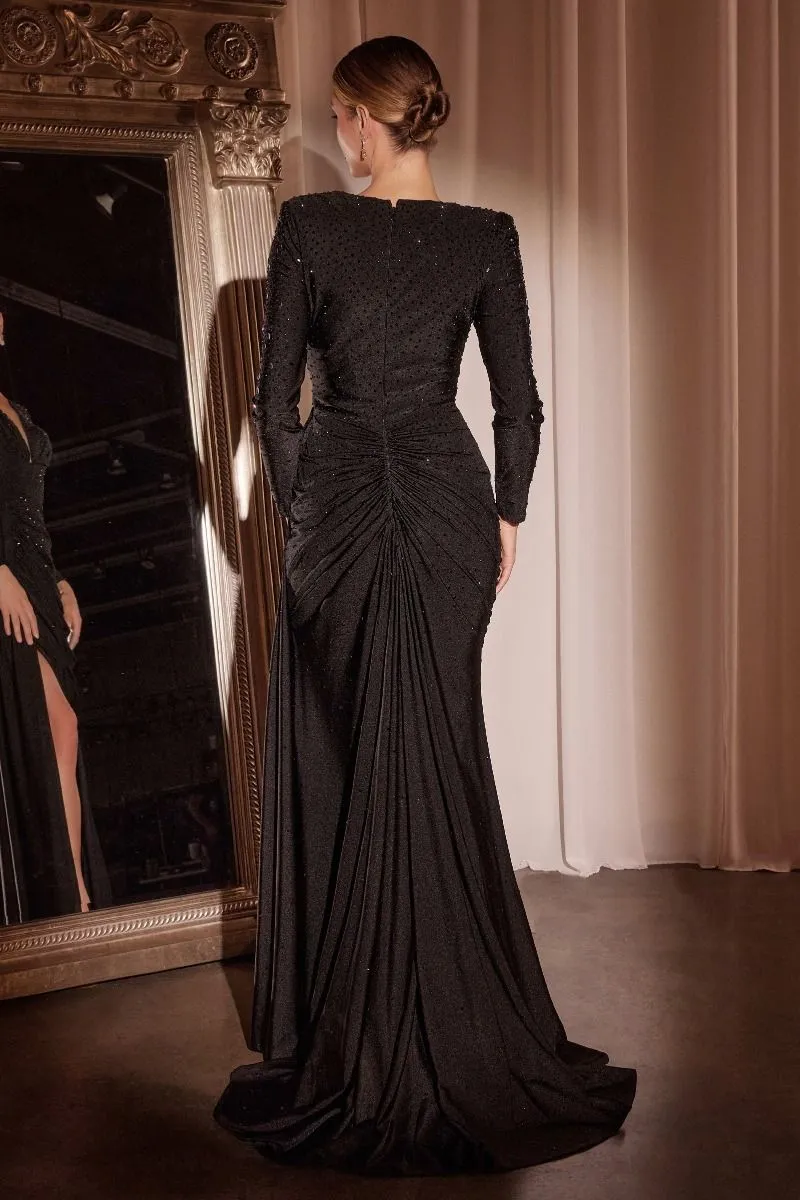 Long Sleeve Stretch Satin Embellished Gown (CD788)