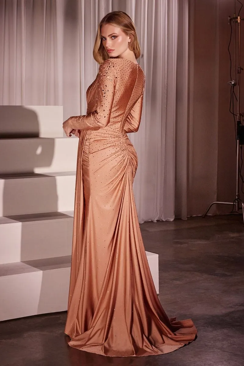Long Sleeve Stretch Satin Embellished Gown (CD788)