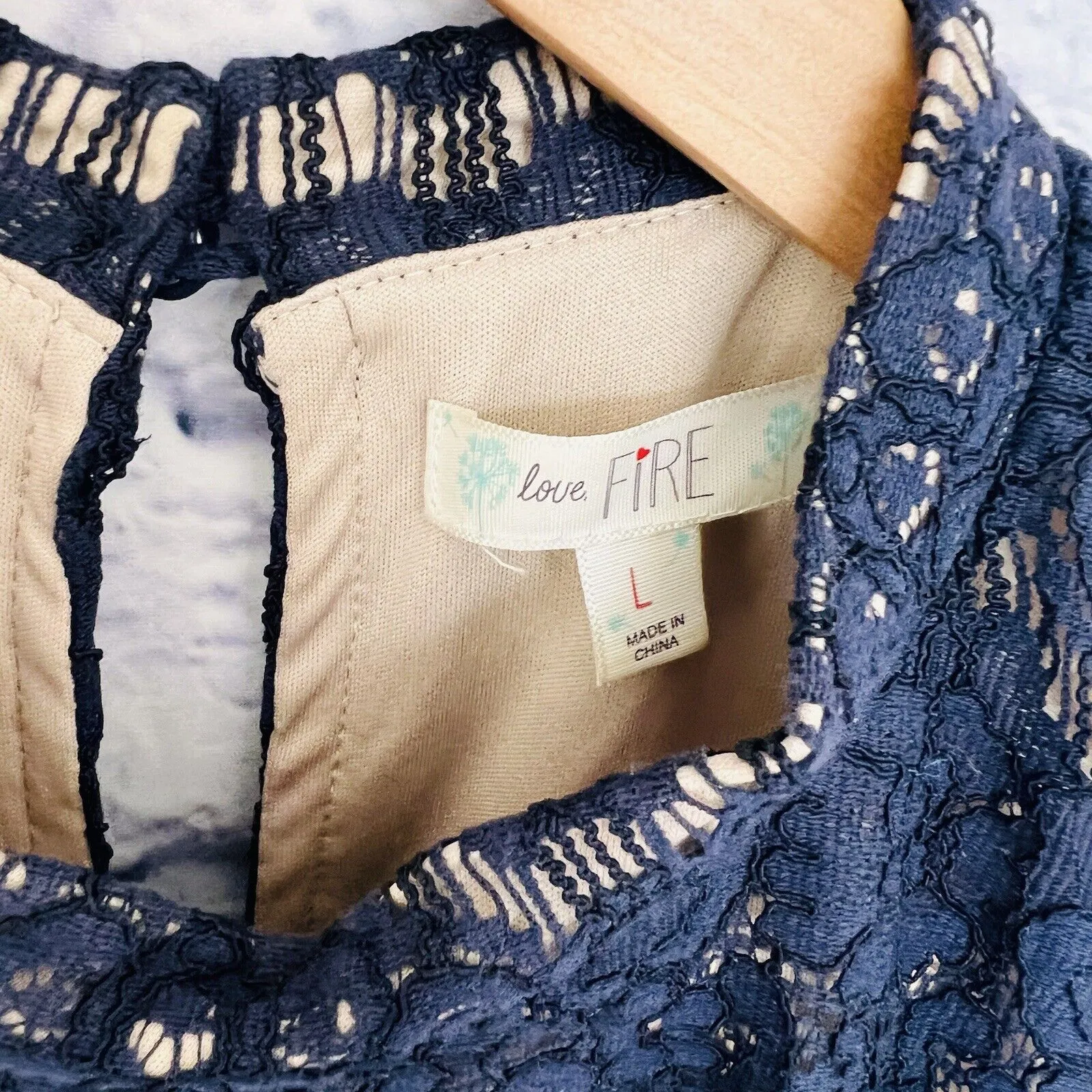 LOVE FIRE Navy Blue Lace Halter Top Nude Lining Large Boho Feminine