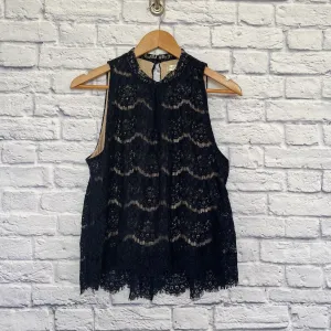 LOVE FIRE Navy Blue Lace Halter Top Nude Lining Large Boho Feminine