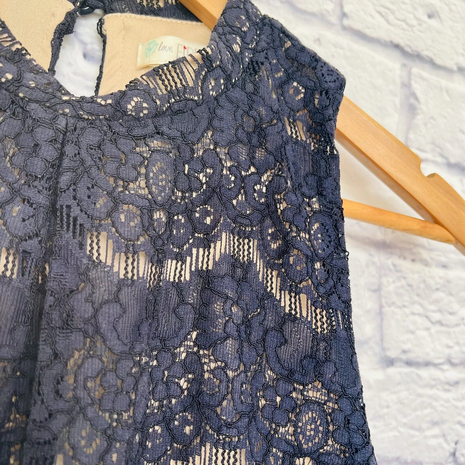 LOVE FIRE Navy Blue Lace Halter Top Nude Lining Large Boho Feminine