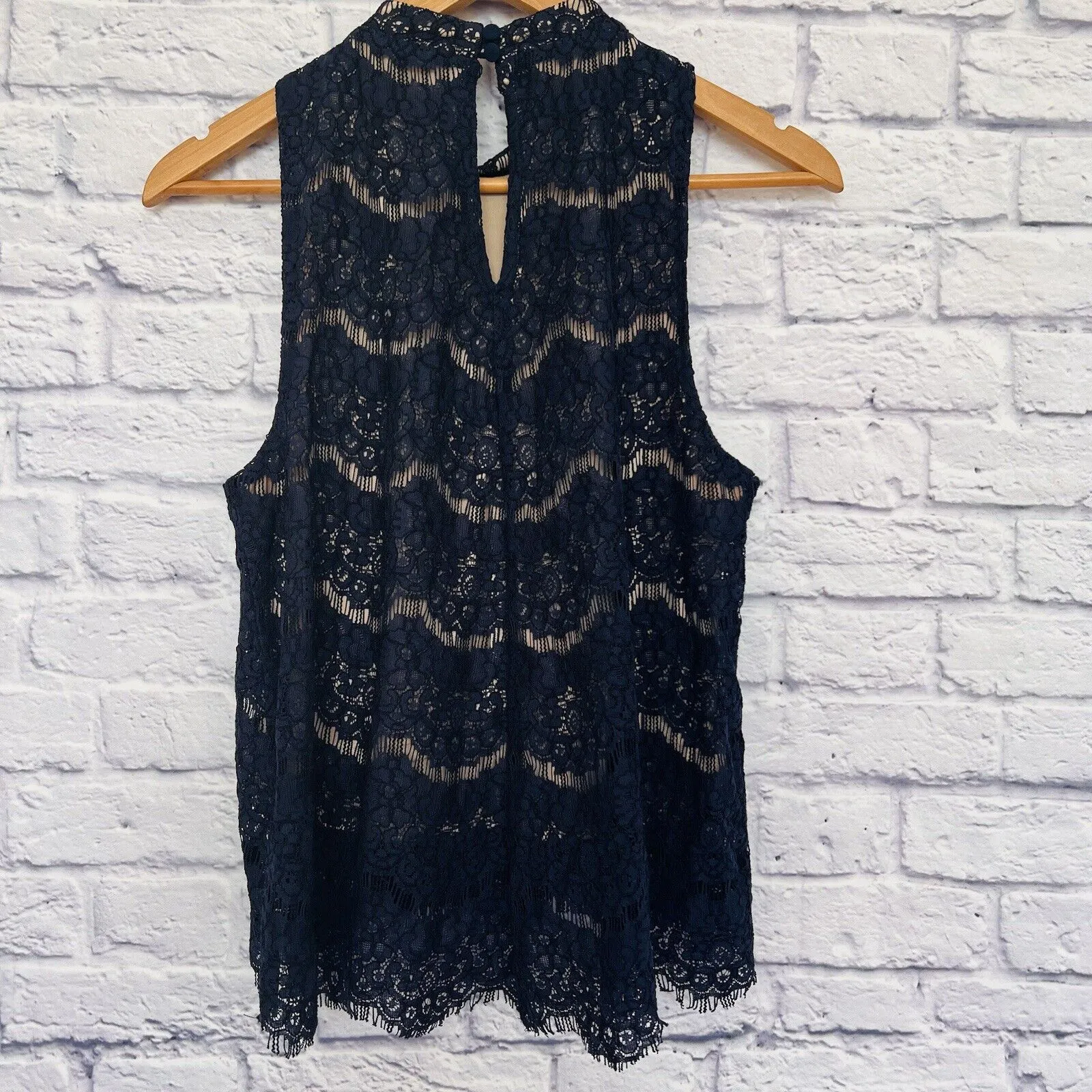 LOVE FIRE Navy Blue Lace Halter Top Nude Lining Large Boho Feminine
