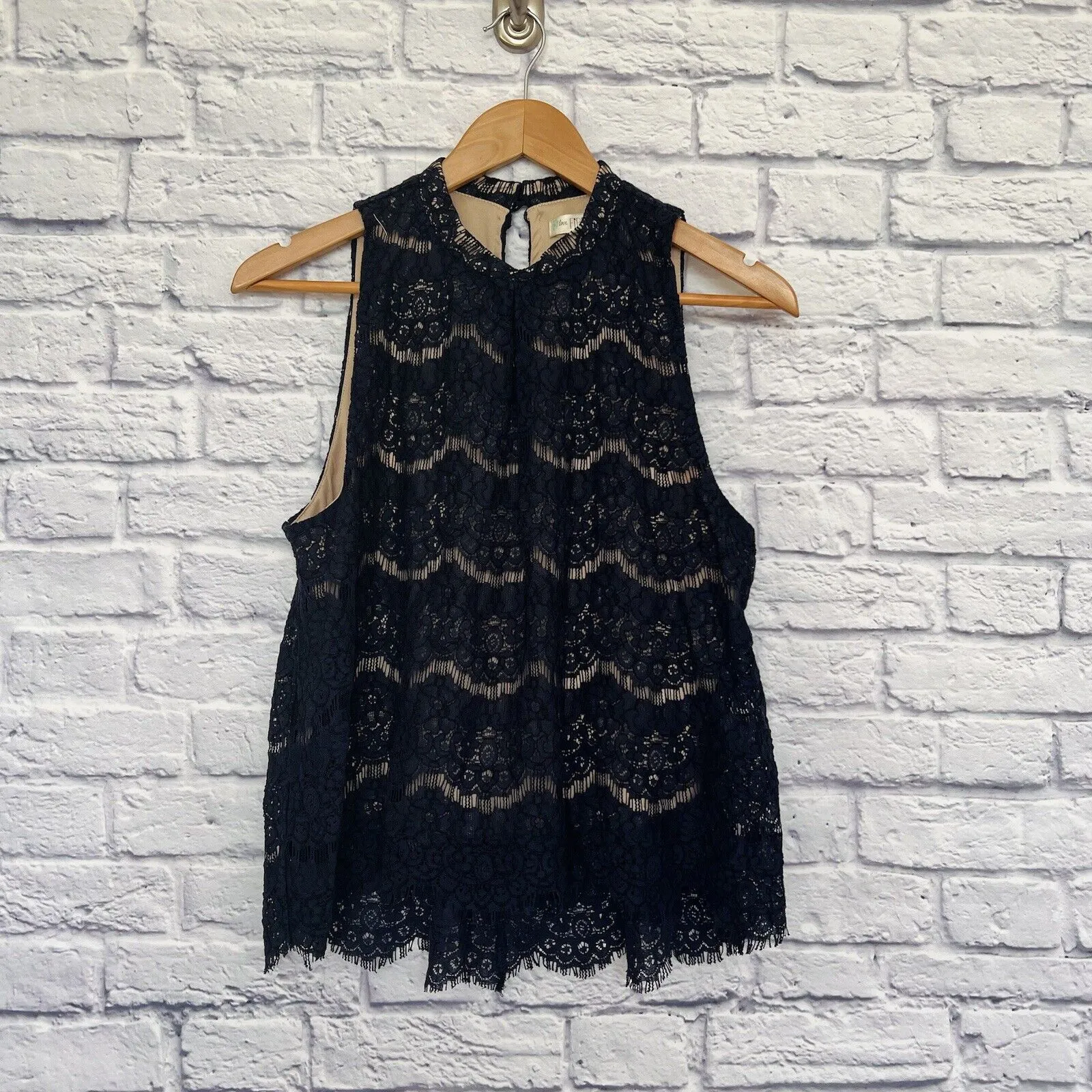 LOVE FIRE Navy Blue Lace Halter Top Nude Lining Large Boho Feminine