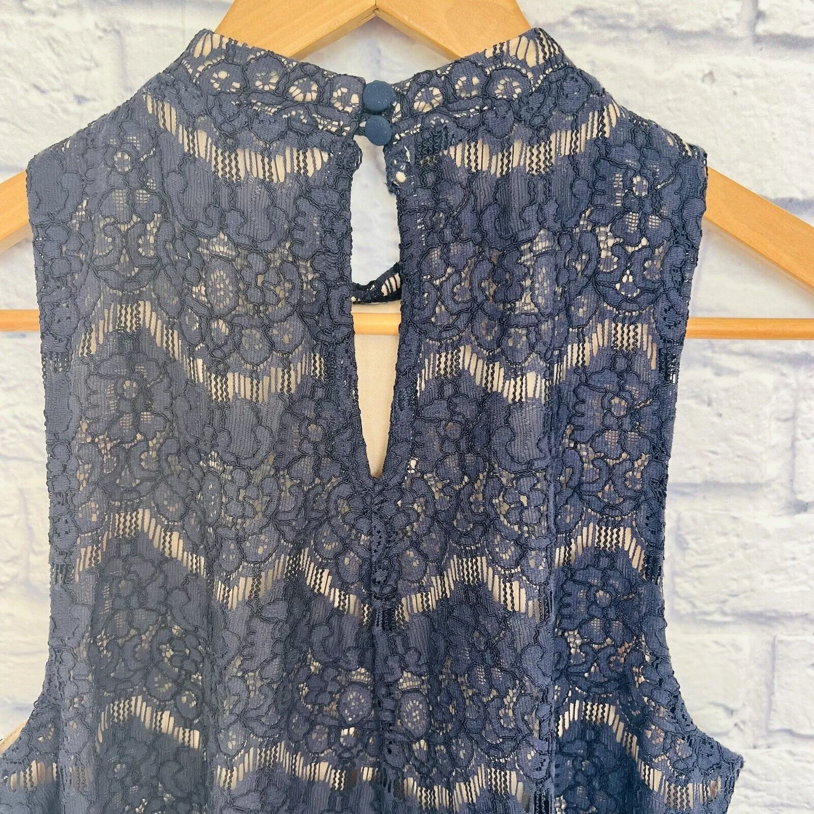 LOVE FIRE Navy Blue Lace Halter Top Nude Lining Large Boho Feminine