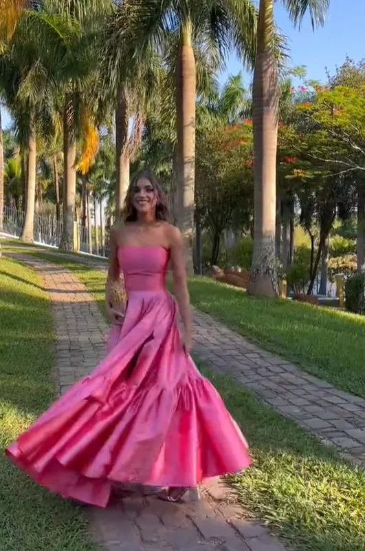 Lovely Pink A-Line Strapless Long Party Dress Birthday Outfits, DP3175