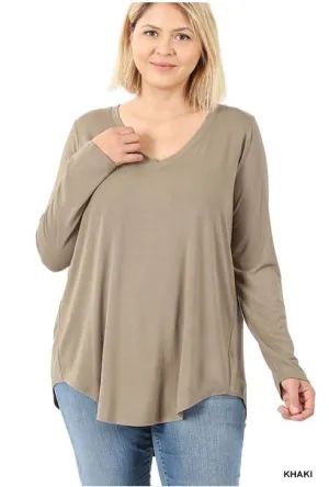 Luxe Rayon Khaki Long Sleeve Tunic Top - Plus