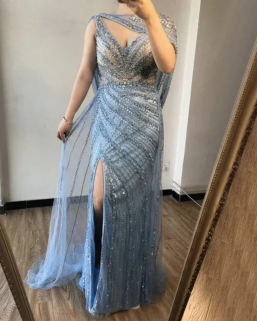 Luxury Champagne V-neck Sexy Evening Gowns 2021 Diamond Bead Sleeveless Mermaid Formal Dress AW70301