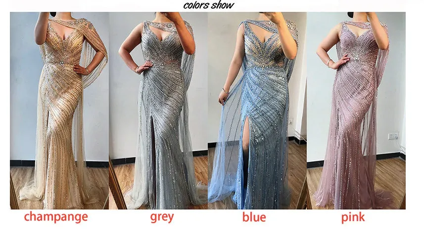 Luxury Champagne V-neck Sexy Evening Gowns 2021 Diamond Bead Sleeveless Mermaid Formal Dress AW70301