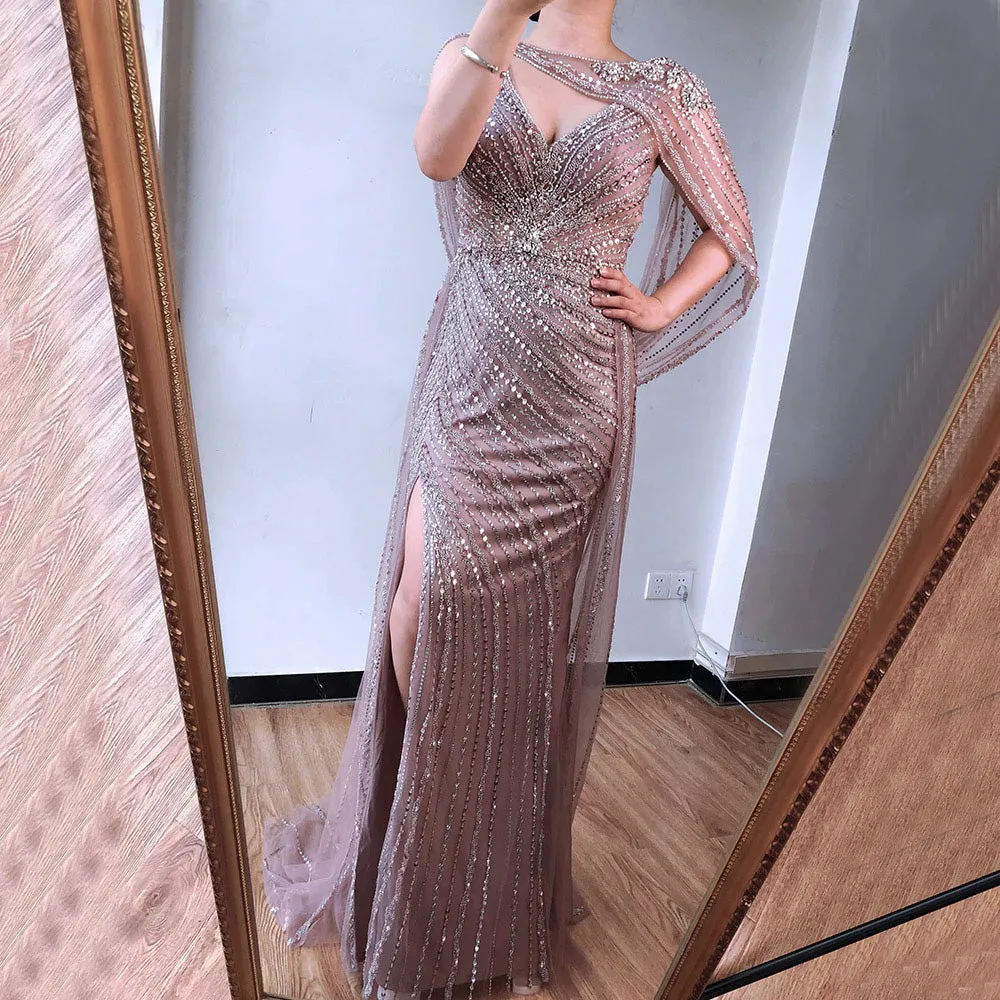 Luxury Champagne V-neck Sexy Evening Gowns 2021 Diamond Bead Sleeveless Mermaid Formal Dress AW70301
