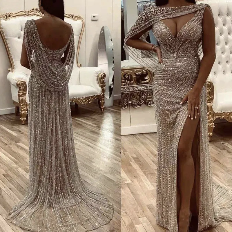Luxury Champagne V-neck Sexy Evening Gowns 2021 Diamond Bead Sleeveless Mermaid Formal Dress AW70301