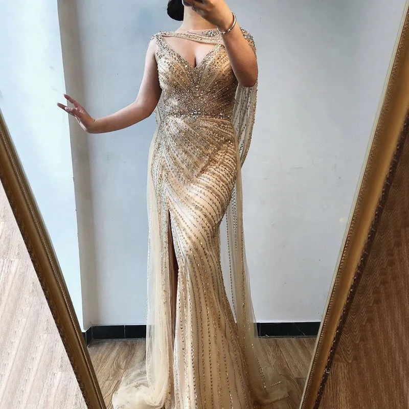Luxury Champagne V-neck Sexy Evening Gowns 2021 Diamond Bead Sleeveless Mermaid Formal Dress AW70301