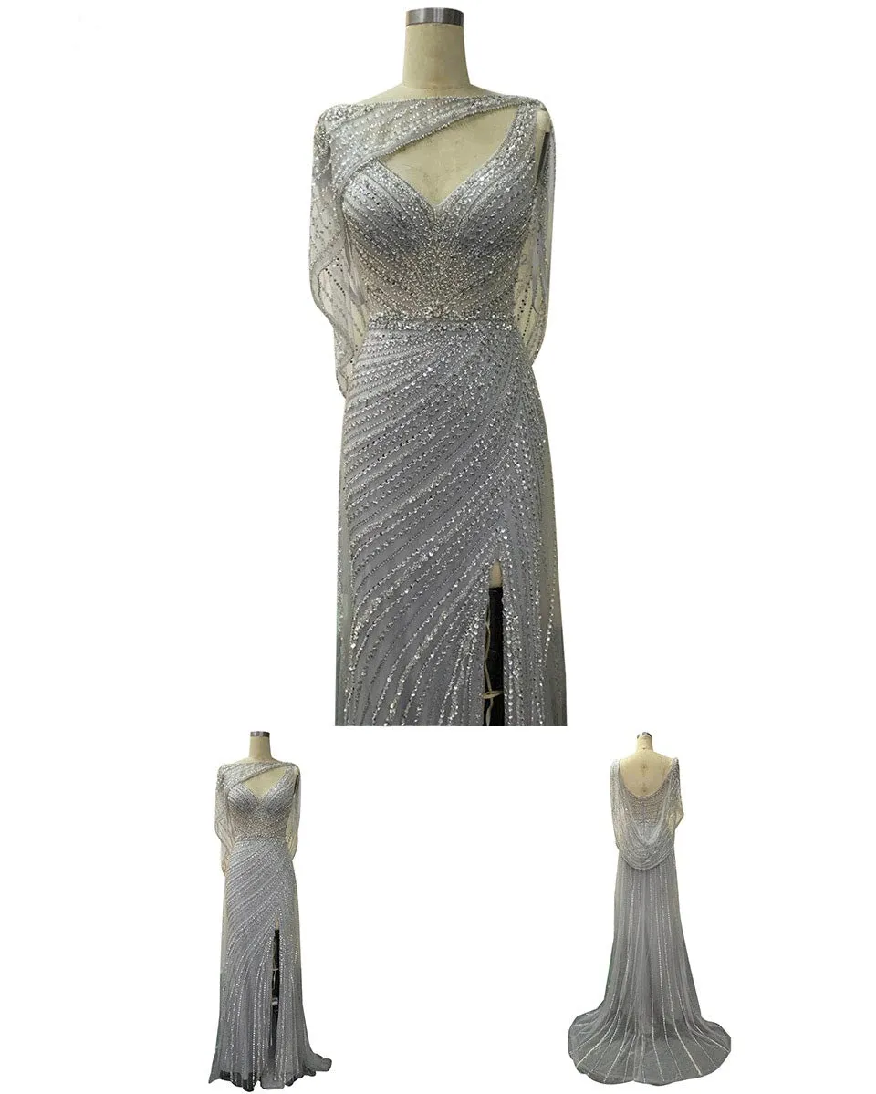 Luxury Champagne V-neck Sexy Evening Gowns 2021 Diamond Bead Sleeveless Mermaid Formal Dress AW70301