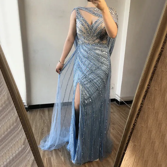 Luxury Champagne V-neck Sexy Evening Gowns 2021 Diamond Bead Sleeveless Mermaid Formal Dress AW70301