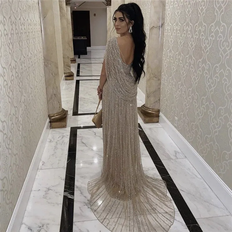 Luxury Champagne V-neck Sexy Evening Gowns 2021 Diamond Bead Sleeveless Mermaid Formal Dress AW70301