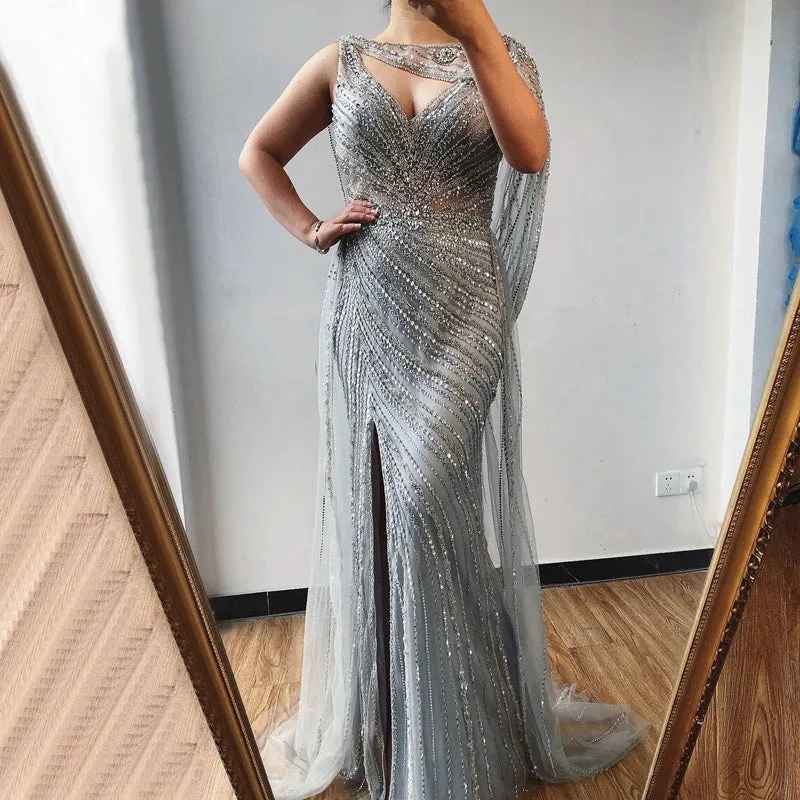 Luxury Champagne V-neck Sexy Evening Gowns 2021 Diamond Bead Sleeveless Mermaid Formal Dress AW70301