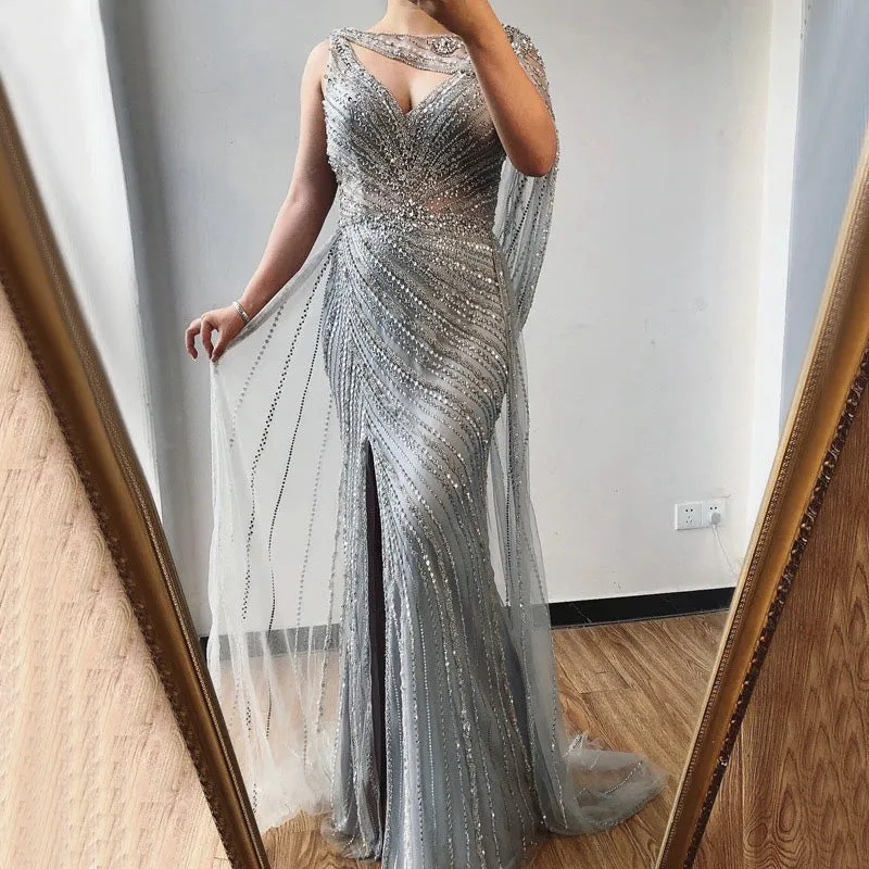 Luxury Champagne V-neck Sexy Evening Gowns 2021 Diamond Bead Sleeveless Mermaid Formal Dress AW70301