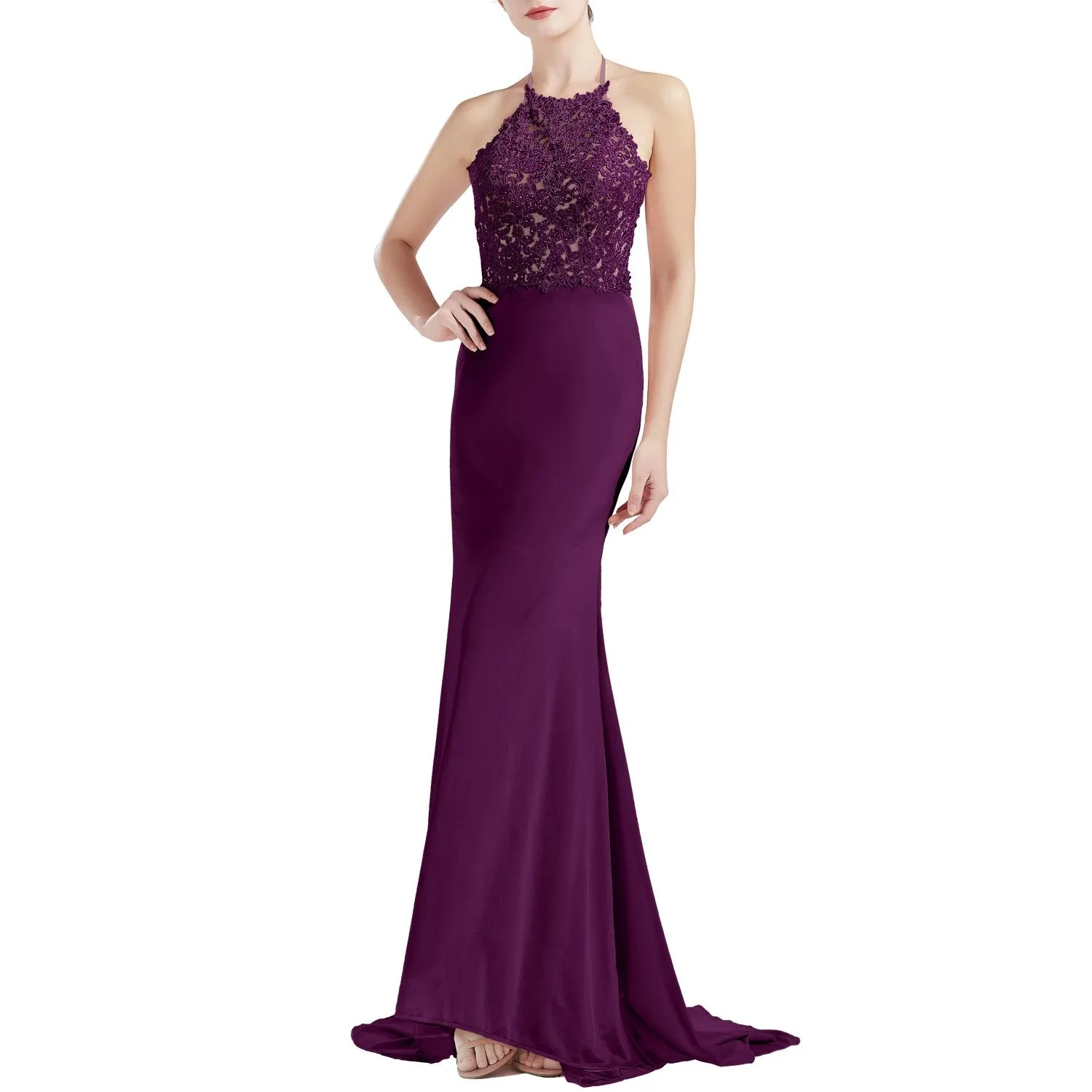 MACloth Women Sleeveless Halter Jersey Mermaid Long Prom Party Dresses Evening