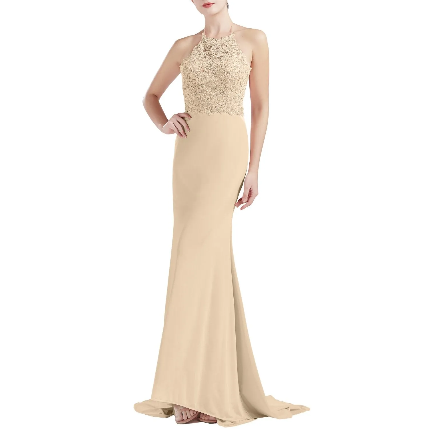 MACloth Women Sleeveless Halter Jersey Mermaid Long Prom Party Dresses Evening