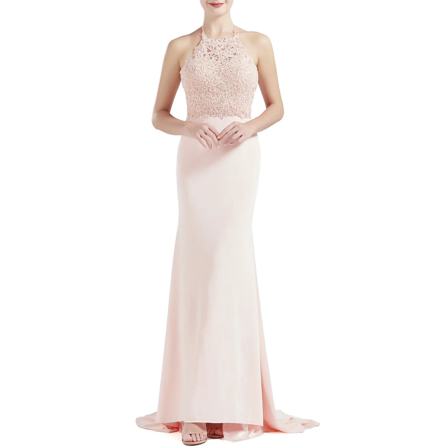 MACloth Women Sleeveless Halter Jersey Mermaid Long Prom Party Dresses Evening