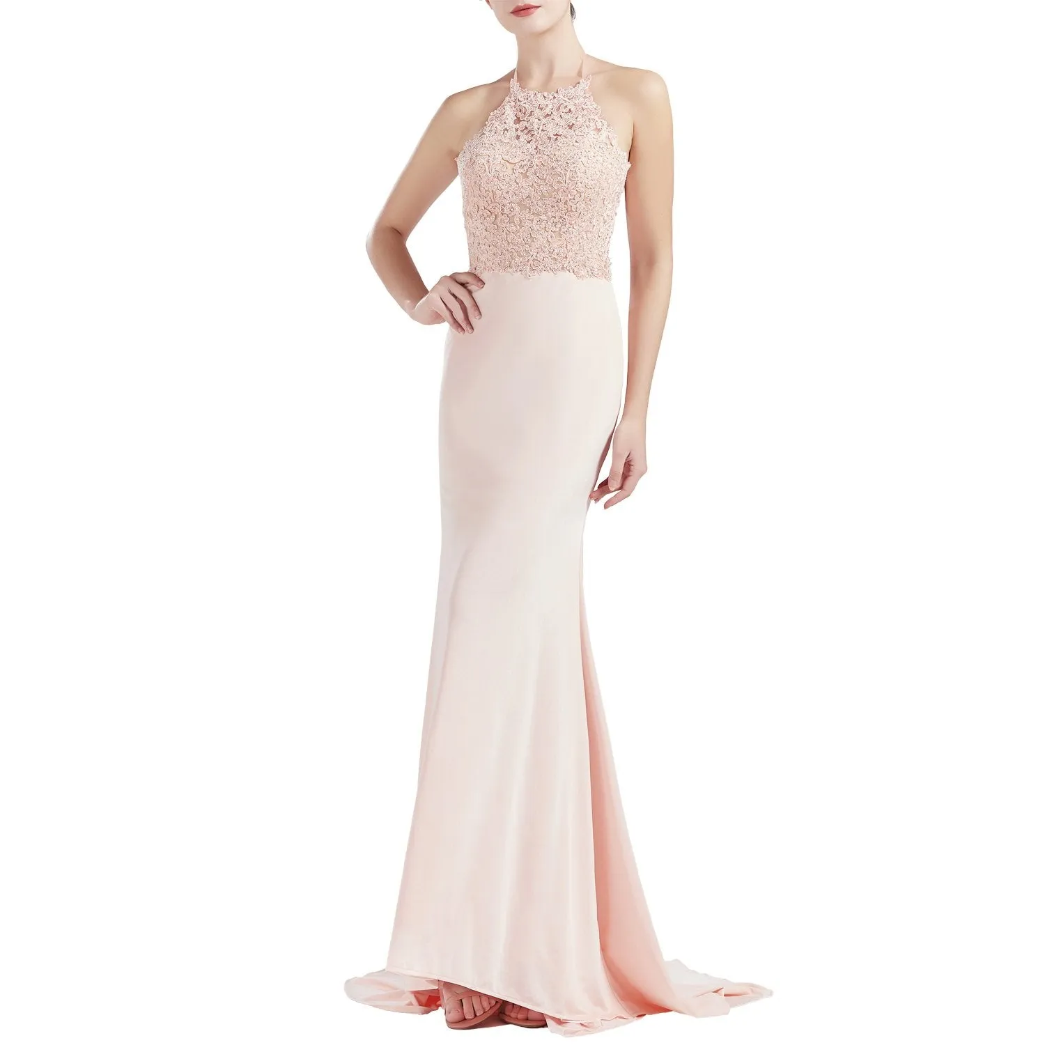 MACloth Women Sleeveless Halter Jersey Mermaid Long Prom Party Dresses Evening