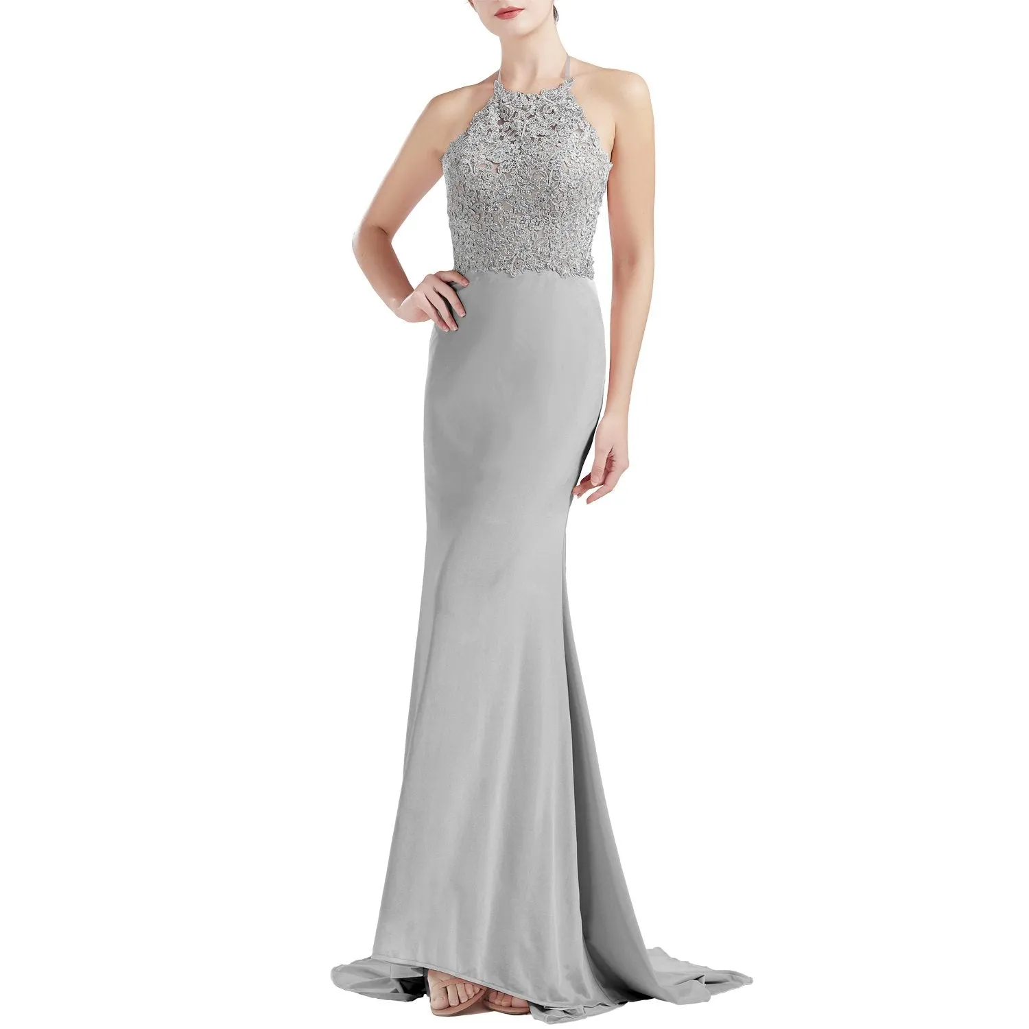 MACloth Women Sleeveless Halter Jersey Mermaid Long Prom Party Dresses Evening
